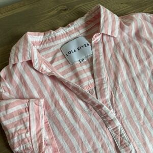 Lola River Women Medium Pink White Stripe Linen Blend Short Sleeve V-Neck Blouse